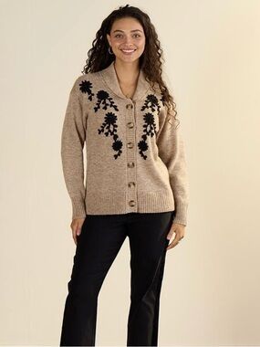 Women’s TAN CARDIGAN WITH BLACK EMBROIDERY Sweater Cardigan